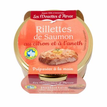 Image of the top of a jar of Les Mouettes d'Arvor Rillettes de Saumon au citron et a l'aneth (Rillettes of Salmon with Lemon and Dill)