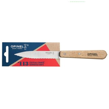 Image of an Opinel serrated paring knife in its packaging