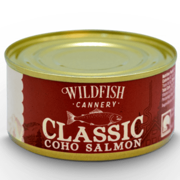 Image of the front of a tin of Wildfish Cannery Classic Coho Salmon