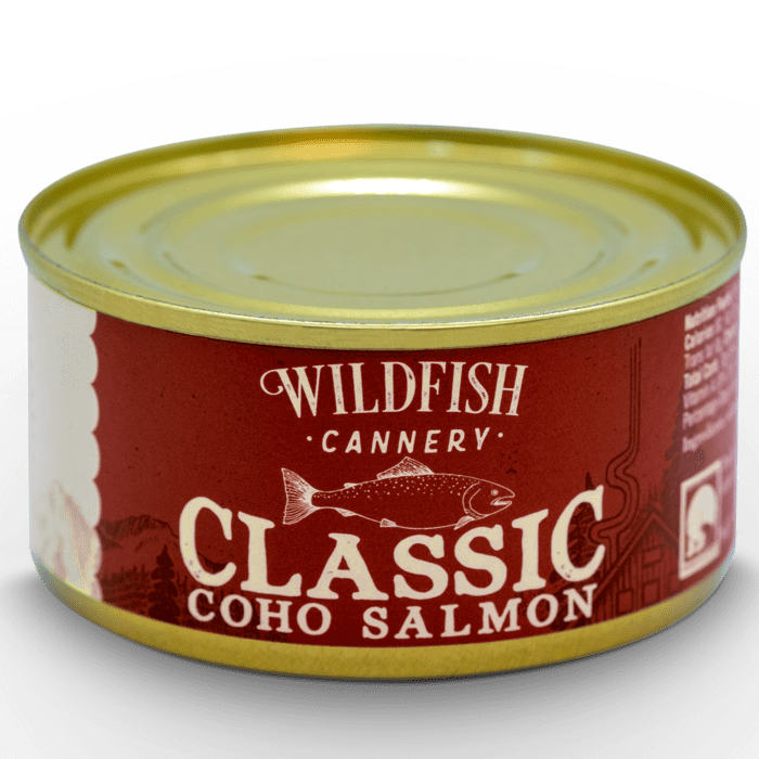 Image of the front of a tin of Wildfish Cannery Classic Coho Salmon