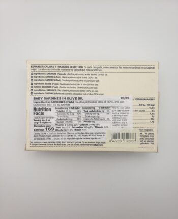 Image of Espinaler premium line sardinas 20/25 back of box