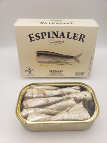 Image of Espinaler premium line sardinas 20/25 opened tin