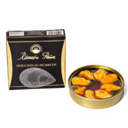 Image of a package and an open tin of Ramón Peña Mussels in Pickled Sauce (Mejillones en Escabeche) 8 to 10 count