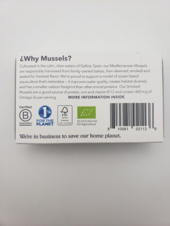 Image of Patagonia smoked mussels back label