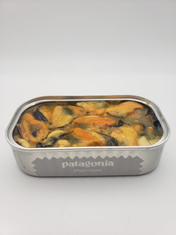Image of Patagonia smoked mussels open tin