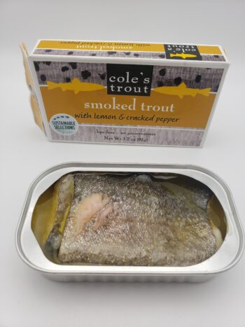 Image of Cole's smoked rainbow trout with lemon and pepper opened tin
