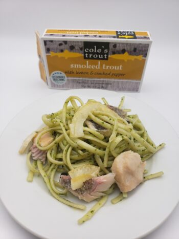 Image of Cole's smoked rainbow trout with lemon and pepper with pesto pasta