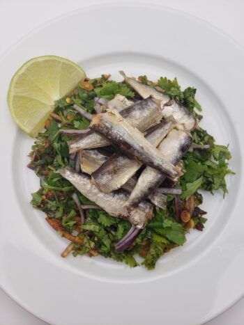 Image of La Brujula sardines in olive oil on plate on thai lemongrass salad