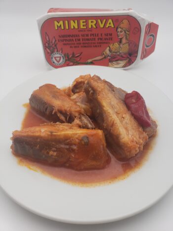 Image of Minerva sardines in hot tomato sauce tin contents on plate