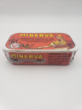 Image of Minerva sardines in hot tomato sauce side of tin