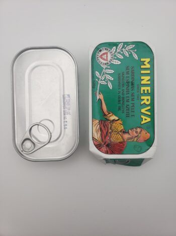 Image of Minerva skinless boneless sardines in olive oil tin out of wrapper