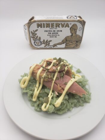 Image of Minerva tuna fillets in olive oil on bamboo rice with kewpi mayonnaise