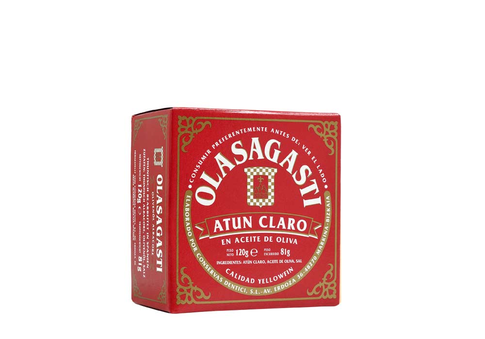 Image of the front of the package of Olasagasti Atun Claro (Yellowfin Tuna) in Extra Virgin Olive Oil