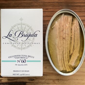 Image of a package and an open tin of La Brújula Yellowfin Tuna Belly (Ventresca) No. 60