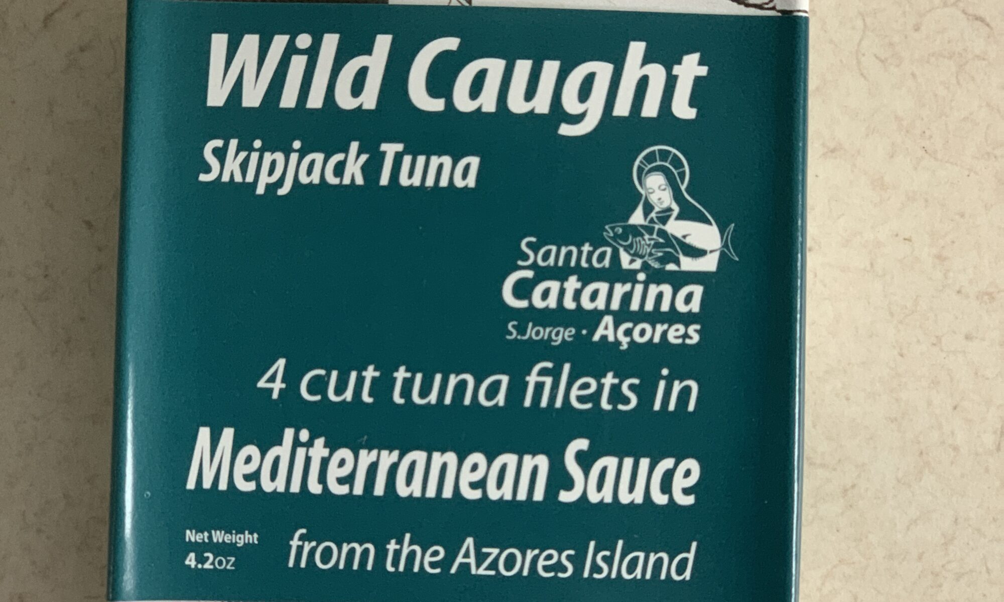 Image of the front of the package of Santa Catarina Wild Caught Skipjack Tuna Filets in Mediterranean Sauce