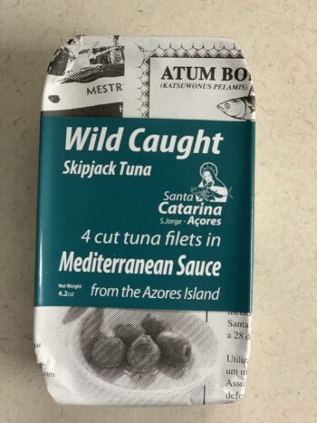 Image of the front of the package of Santa Catarina Wild Caught Skipjack Tuna Filets in Mediterranean Sauce