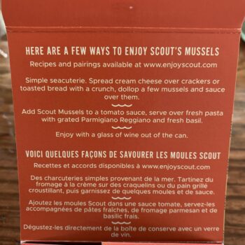 Image of the inside of the packaging of Scout Organic PEI Mussels with serving ideas.