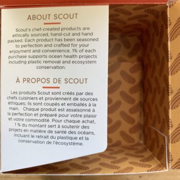 Image of text on the packaging of Scout Organic PEI Mussels talking about Scout and their mission.