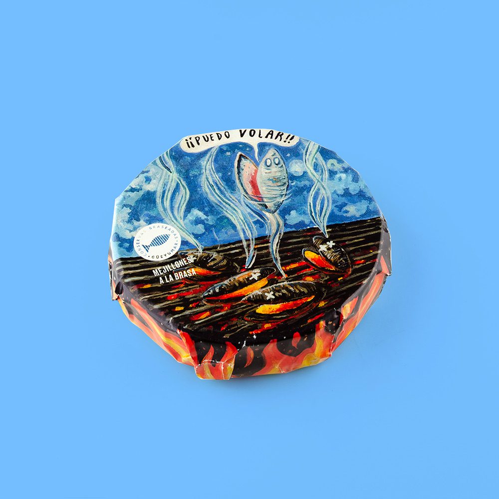Image of the front of a package of Güeyu Mar Chargrilled Mussels
