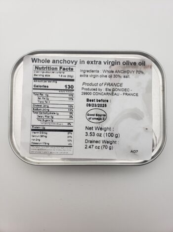 Image of les mouettes d'arvour anchovies in olive oil back label