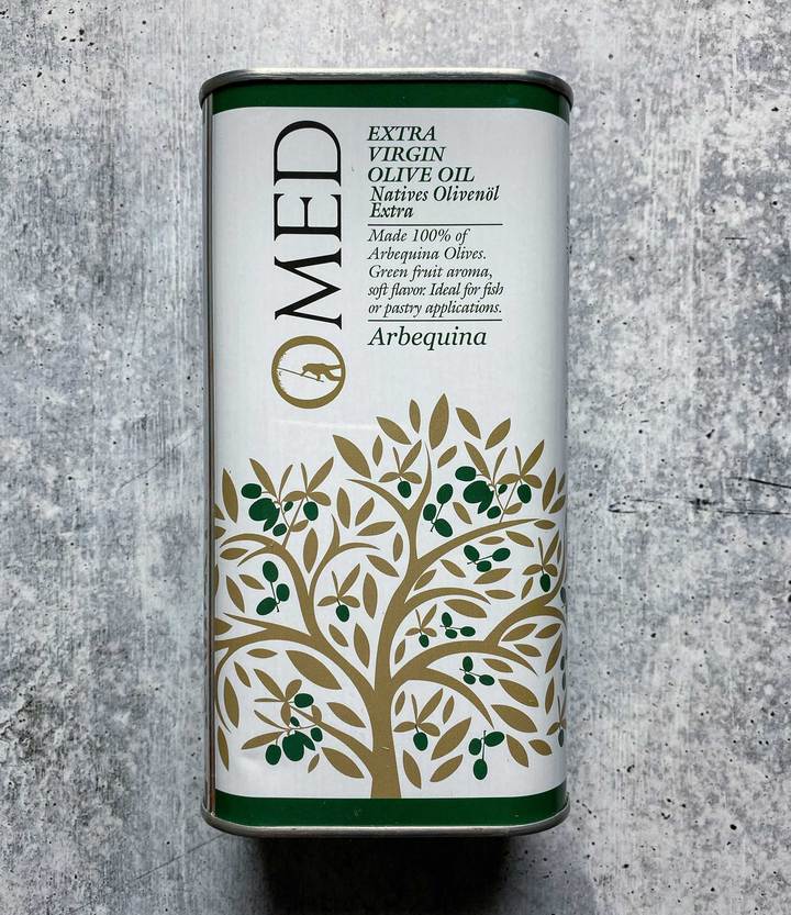 Image of the front of a tin of O-MED Arbequina Finishing Extra Virgin Olive Oil