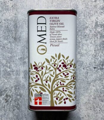 Image of the front of a tin of O-MED Piqual Finishing Extra Virgin Olive Oil