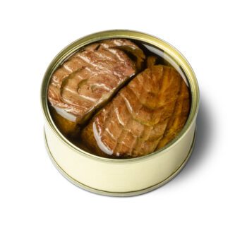 Image of an open tin of Güeyu Mar Chargrilled Tuna Neck (Morillo de Atún)