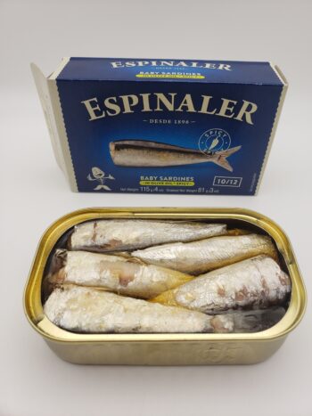Image of Espinaler baby sardines in spicy olive oil open tin