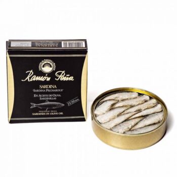 Image of the front of a package and an open tin of Ramón Peña Sardines in Olive Oil 25/30
