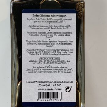 Image of the back of a bottle of O-MED Pedro Ximénez vinegar