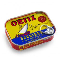Image of the front of a tin of Ortiz Sardinas a la Antigua "Old Style" Sardines in Extra Virgin Olive Oil, tin