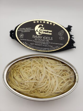 Conservas de Cambados Baby Eels opened tin with label
