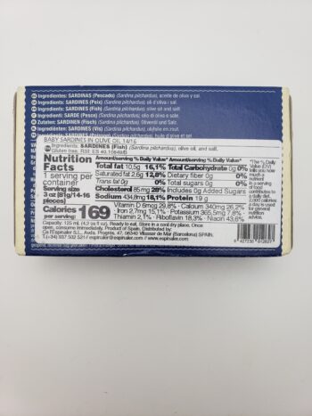 Image of Espinaler small sardines 14/16 back of tin label