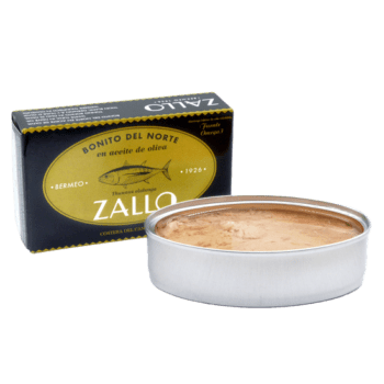 Image of the front of a package and an open tin of Zallo Bonito del Norte (White Tuna) in Olive Oil