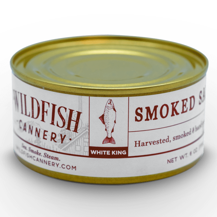 Image of the front of a tin of Wildfish Cannery Smoked White King Salmon
