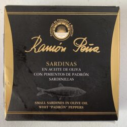 Image of the front of a package of Ramón Peña Small Sardines in Olive Oil with Padrón Pepper