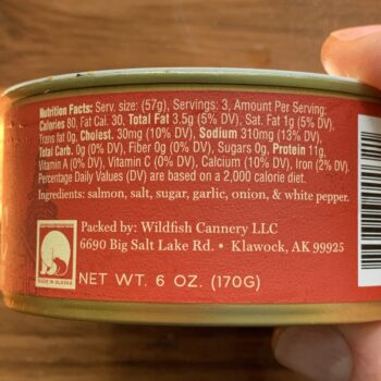 Image of the Nutrition Info and ingredients for a tin of Wildfish Cannery Classic Coho Salmon