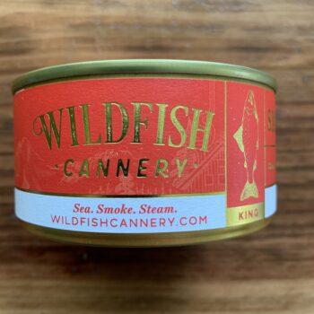 Image of the front of a can of Wildfish Cannery Smoked King Salmon