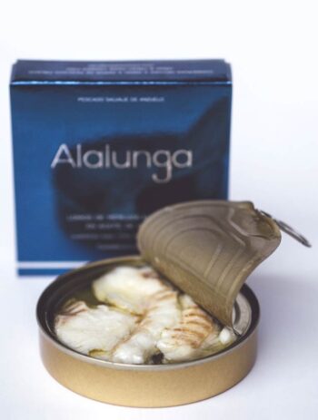 Image of the front of a package and an open tin of Artesanos Alalunga European Hake Loins in Olive Oil (Lomos de Merluza Europea)