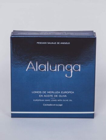Image of the front of a package of Artesanos Alalunga European Hake Loins in Olive Oil (Lomos de Merluza Europea)