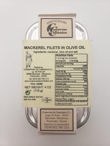 Image of conservas de combados mackerel in olive oil back of box