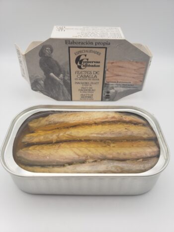 Image of conservas de combados mackerel in olive oil opened tin