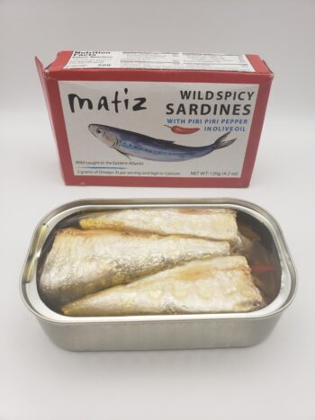 Image of Matiz Wild Spicy Sardines with Piri Piri pepper opened tin