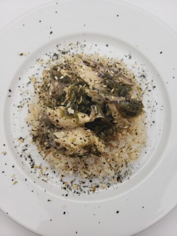Image of les Mouettes d'arvour mackerel in brittany seaweed plated on brown rice