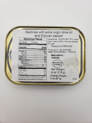 Image of les mouettes d'arvour sardines with sichuan peppercorns back label