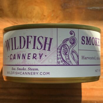 Image of the front of a tin of Wildfish Cannery Smoked Octopus