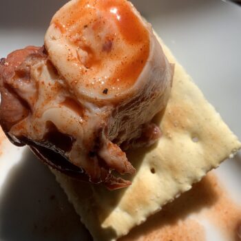 Image of a cracker with a piece of Wildfish Cannery Smoked Octopus and Espinaler Sauce