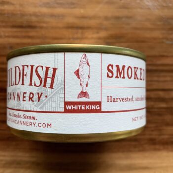 Image of the front of at in of Wildfish Cannery Smoked White King Salmon