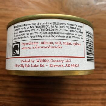 Image of the ingredients panel on a tin of Wildfish Cannery Smoked White King Salmon