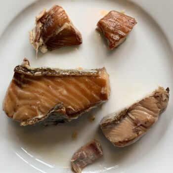 Image of the plated contents of a tin of Wildfish Cannery Smoked White King Salmon